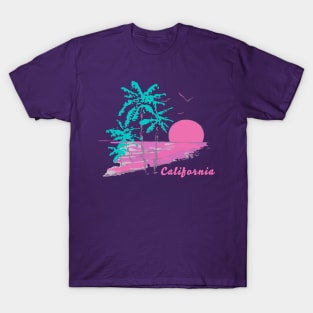 California Dreaming Bright Sunrise or Sunset Over the Beach and Ocean with Palm Trees and Birds T-Shirt